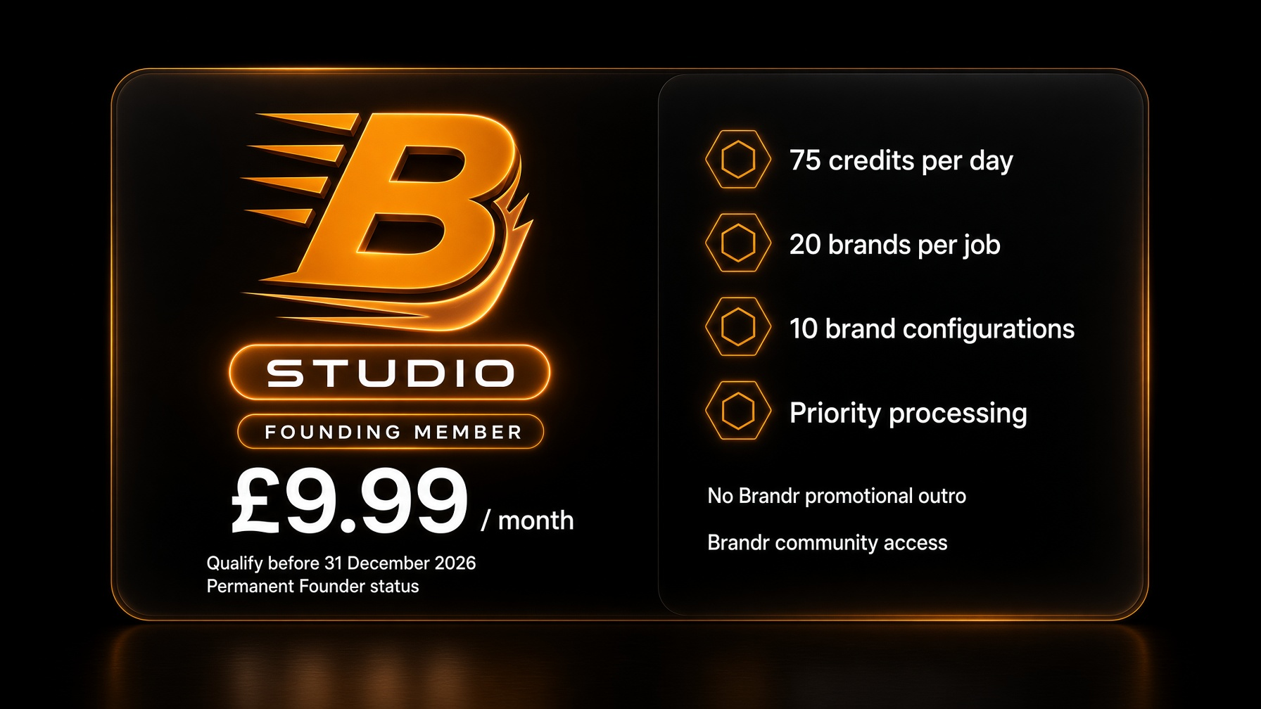 Brandr Studio — Founding Member £9.99/month. 75 credits per day, 20 brands per job, 10 brand configurations, priority processing