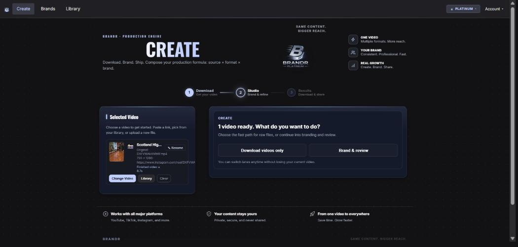 Brandr Create step 1 — a real source clip selected from the library