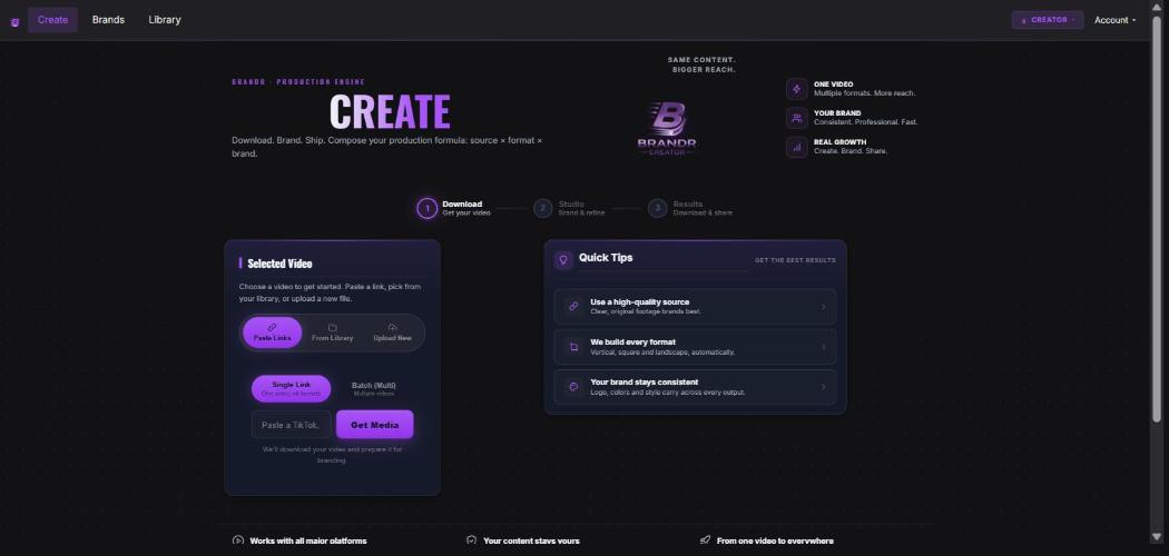 Brandr workspace themed for the Creator tier — purple